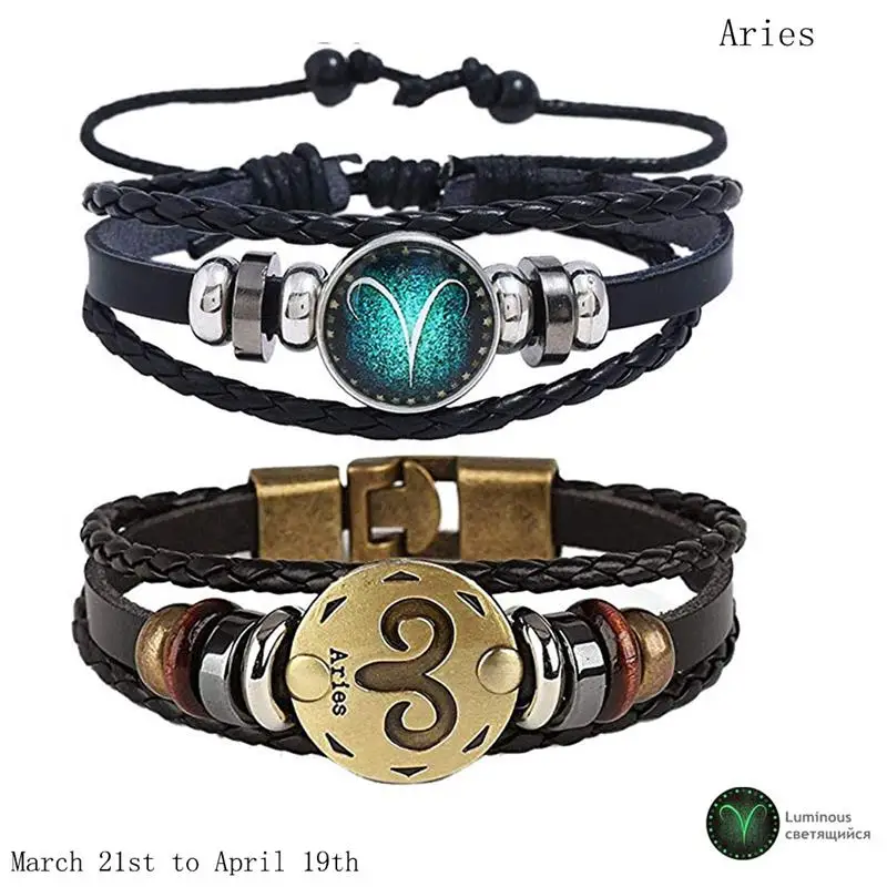 Aries 2 шт./компл. 12 созвездий Браслеты световой кожаный браслет гороскоп плетеный браслет Для мужчин Для женщин ювелирные изделия наручные часы подарок - Окраска металла: Aries