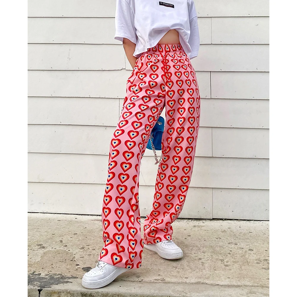 

Pink Pants Heart Printed Straight Elastic High Waist Pants Drawstring Fashion Pants Streetwear Vintage 2021 Harajuku