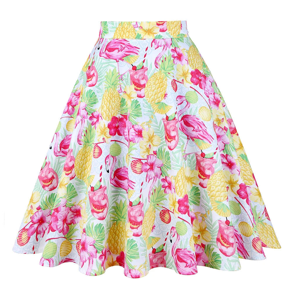 

50s Swing Yellow Skirt Flower Pineapple Flamingo Floral Cotton Rockabilly Retro Vintage Skirts High Waist Summer Skater Skirt