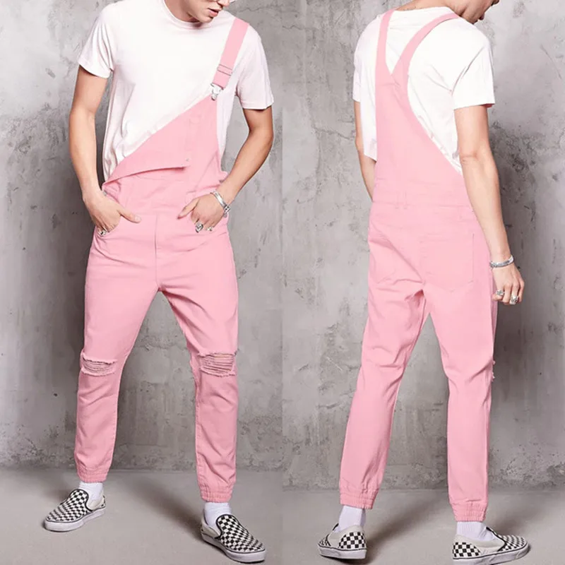 Rompers Mens Jumpsuit 2022 New Fashion Cotton Casual Male Denim Ripped Jeans Pants Pink Overalls conjunto masculino Size XXXL