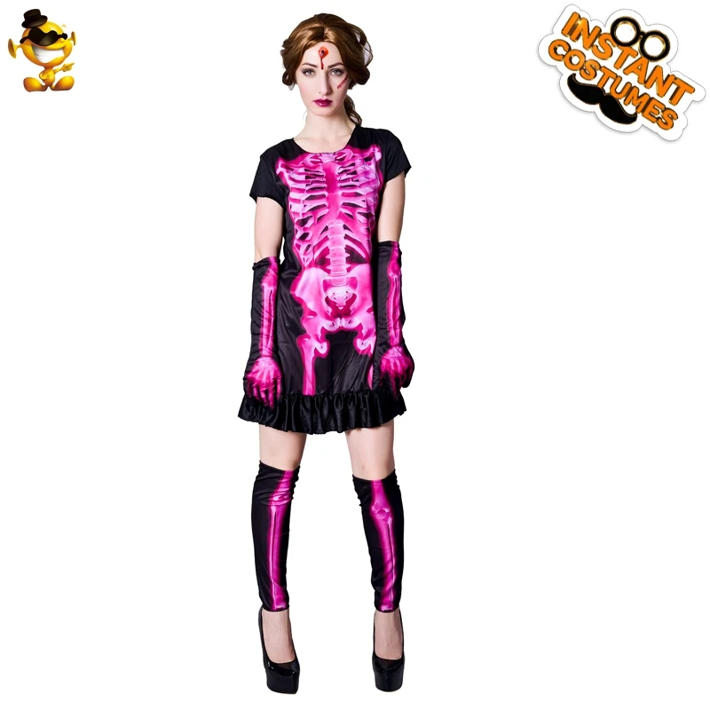 

Adult Women Pink Scary Skeleton Costume Ladies Halloween Role Play Clothing Day Of The Dead Fancy Dress Costumes