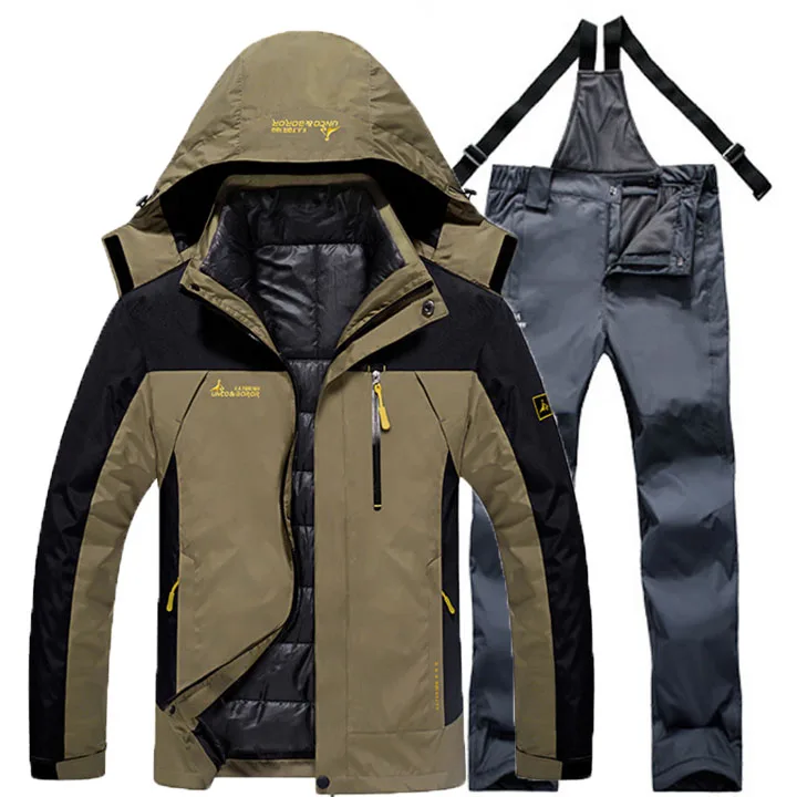 khaki grey Мужская зимняя Лыжная походная куртка Костюмы на природе Рыбалка походы треккинг водонепроницаемый ветрозащитный термо 2 в 1 куртки+ съемные брюки - Цвет: khaki grey