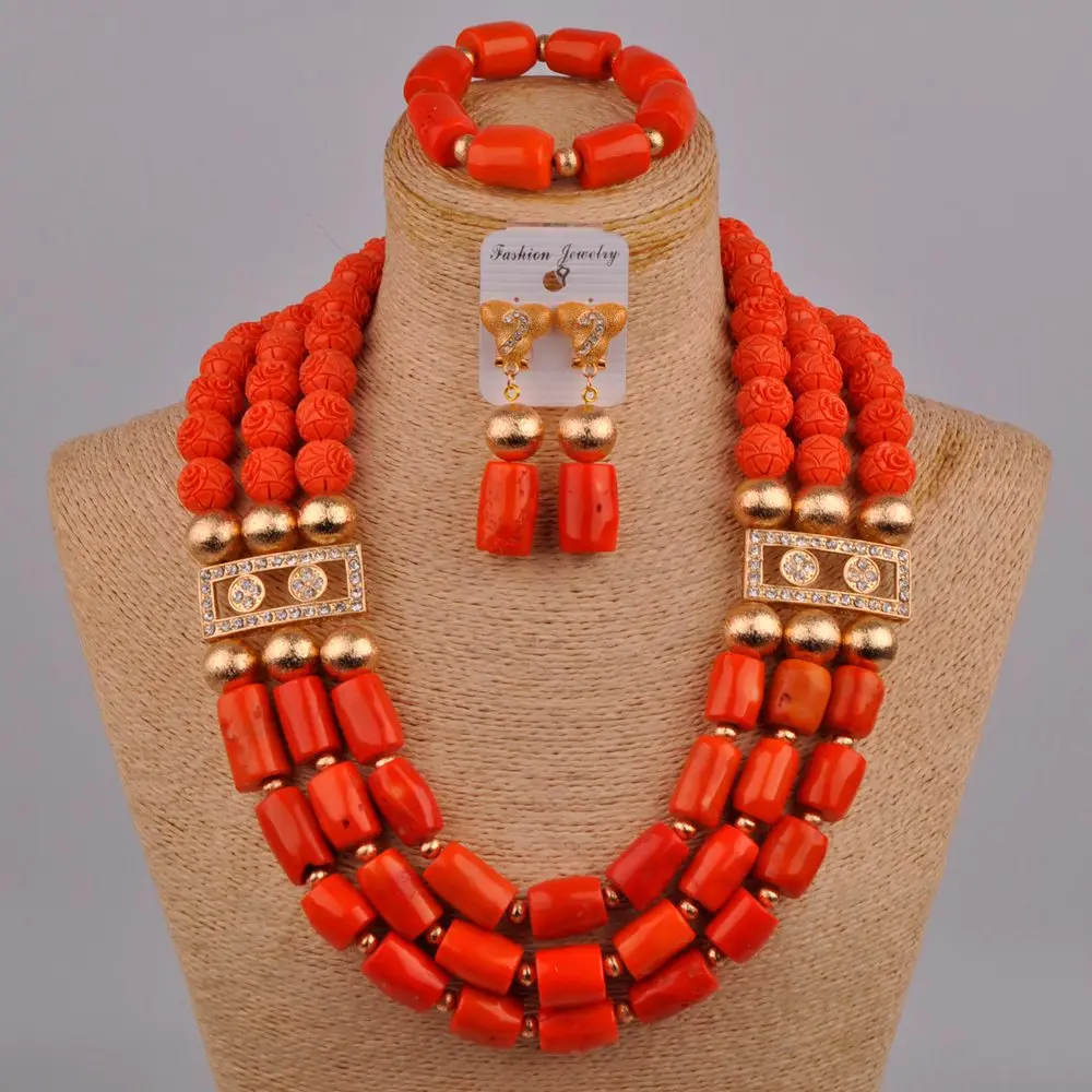 

24inches Long White/Red/Orange Coral Necklace African Beads Jewelry Set Nigerian Wedding Bridal Jewelry Sets