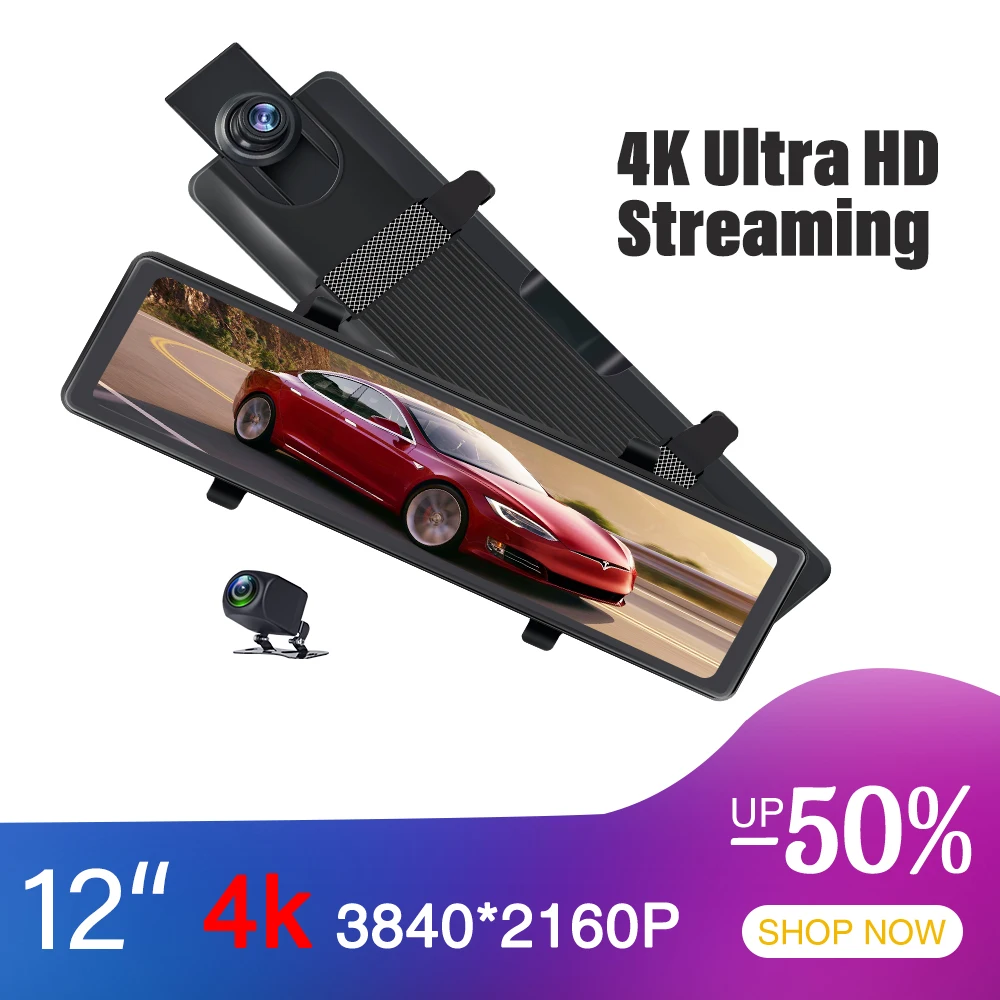 

4K Video recorder 12'' Rearview mirror Car dvr HD 3840*2160P Dash cam With GPS Night vision Reverse camera