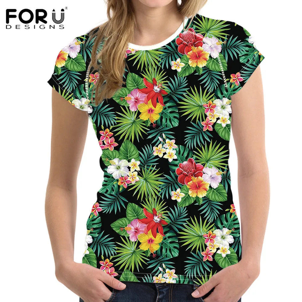 

FORUDESIGNS Hawaiian Flower Tropical Pattern Women's Short Sleeves Tees Casual Fitness O-Neck Summer T Shirts for Femme Clothing