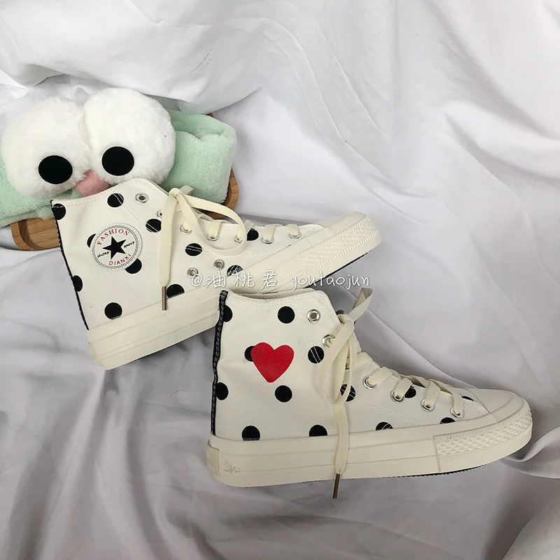 

Polka dot love canvas shoes women white high and low to help board shoes 2020 spring and summer net red tide shoes