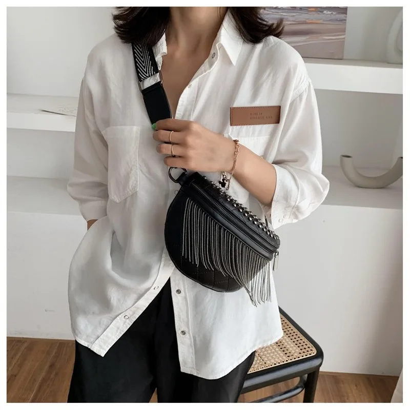 

Women Punk Rivet Waist Bags Tassel Cool Fanny Pack Leather Chest Belt Bags Crossbody Shoulder Phone Money Bum Hip Purse