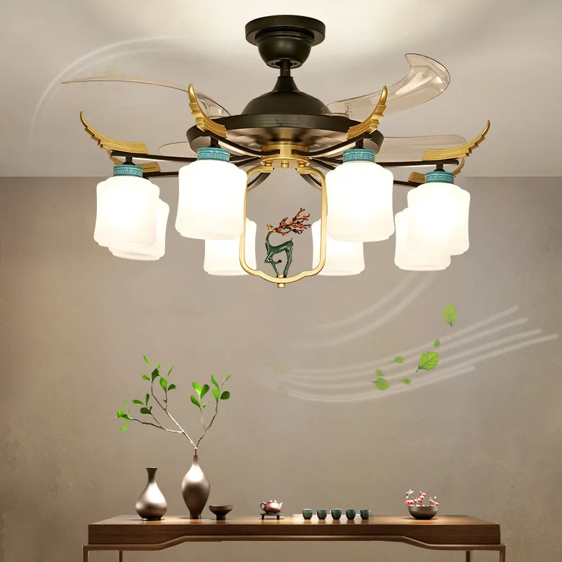 

With electric fan light household living room remote control hidden LED ceiling fan light bedroom dining room dining room light