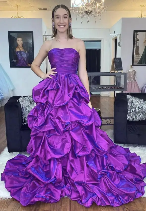 

Purple Satin Strapless Prom Dresses 2021 Puffy Tiered Formal Evening Party Dress vestidos de gala