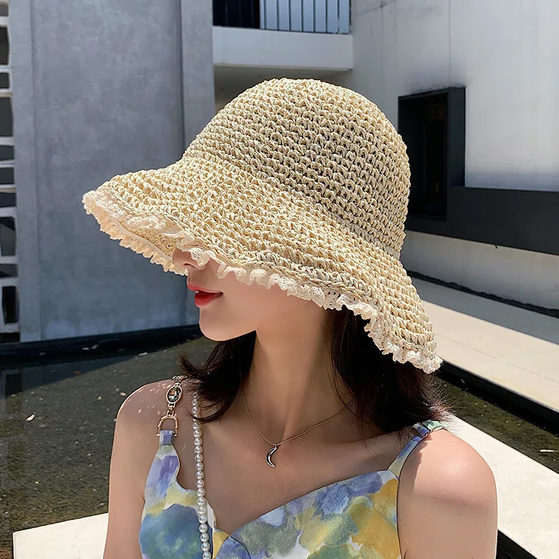 

Women's bucket hat solid color Japanese lace Cap Korean linen mixed woven shade Bucket hat Fashionable foldable shade bucket hat