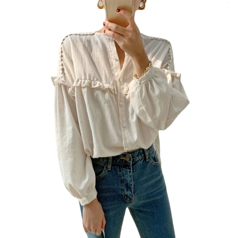

Women Batwing Long Sleeve Blouse Ruffles Patchwork Loose Shirts Button Down Tops
