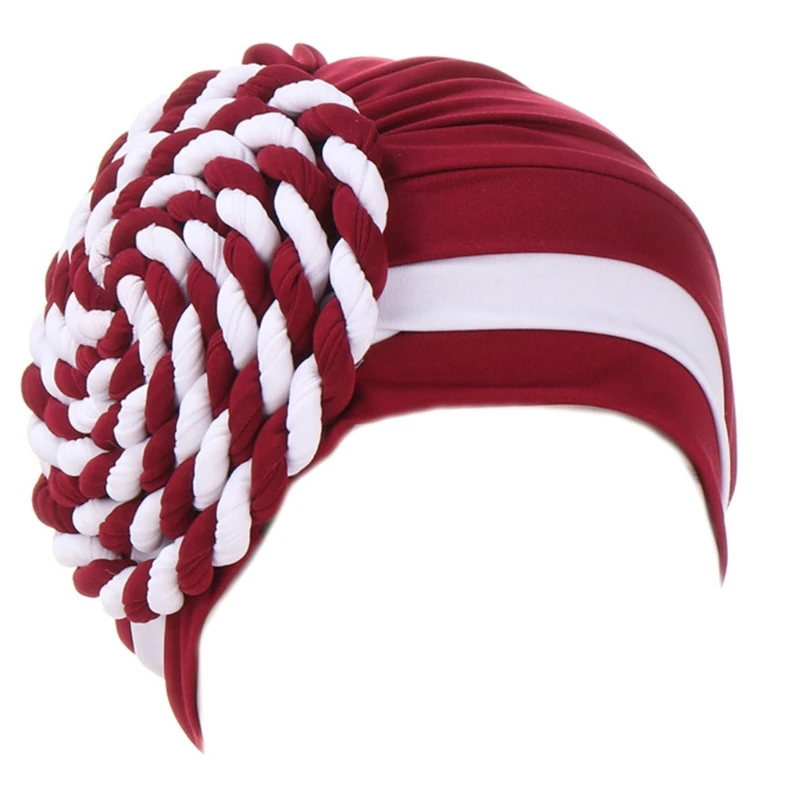 

Women Muslim Pre-Tied Turban Hat Side Twisted Braid Beanies Headwrap Color Block Stripes Pleated Chemo Cap