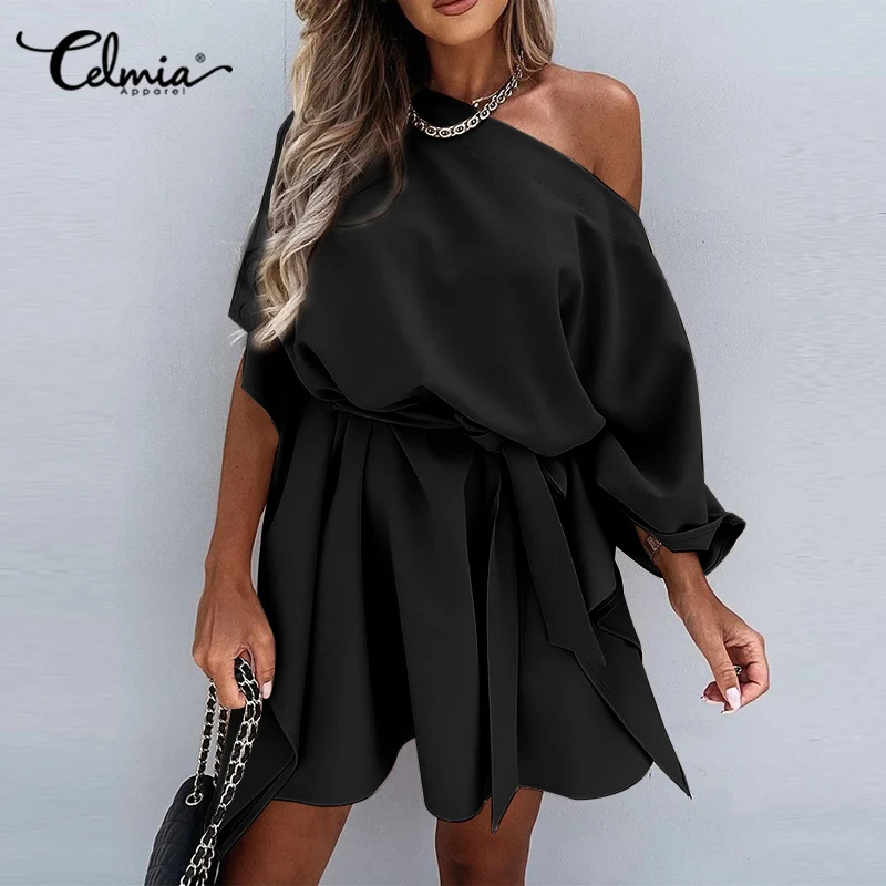 

Elegant Bat Sleeve Mini Dress Celmia Women Sexy Off Shoulder Casual Solid Color Party Vestidos Fashion Bandage Waisted Dresses