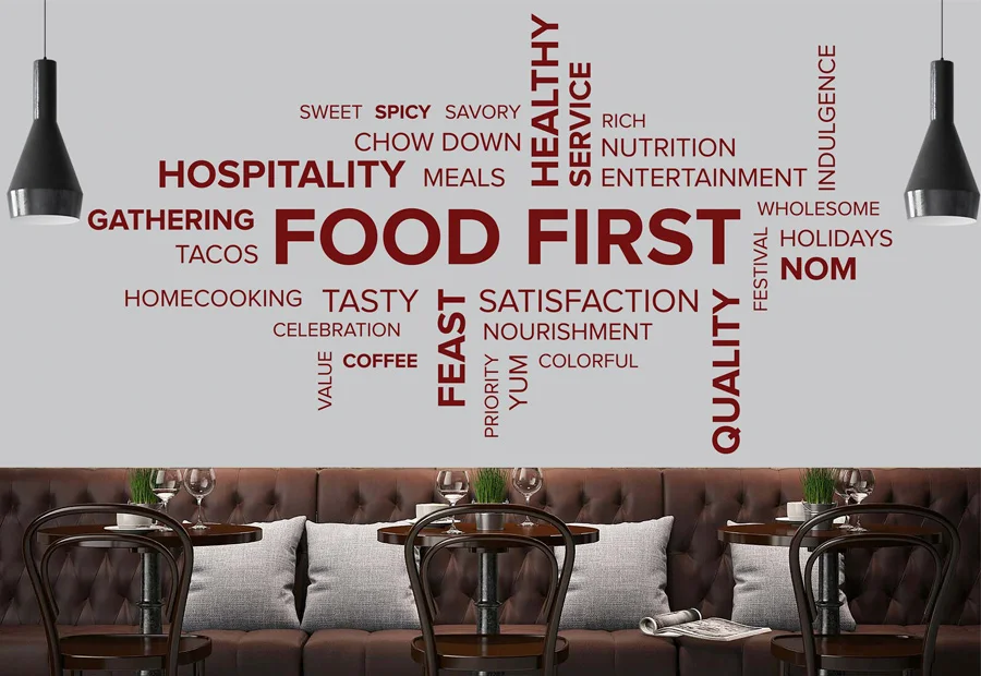 

Food First Healthy Feast Quotes Art Restaurant Wall Decals Vinyl Home Decor Kitchen Home Cooking Text Decoration Wallpaper S462