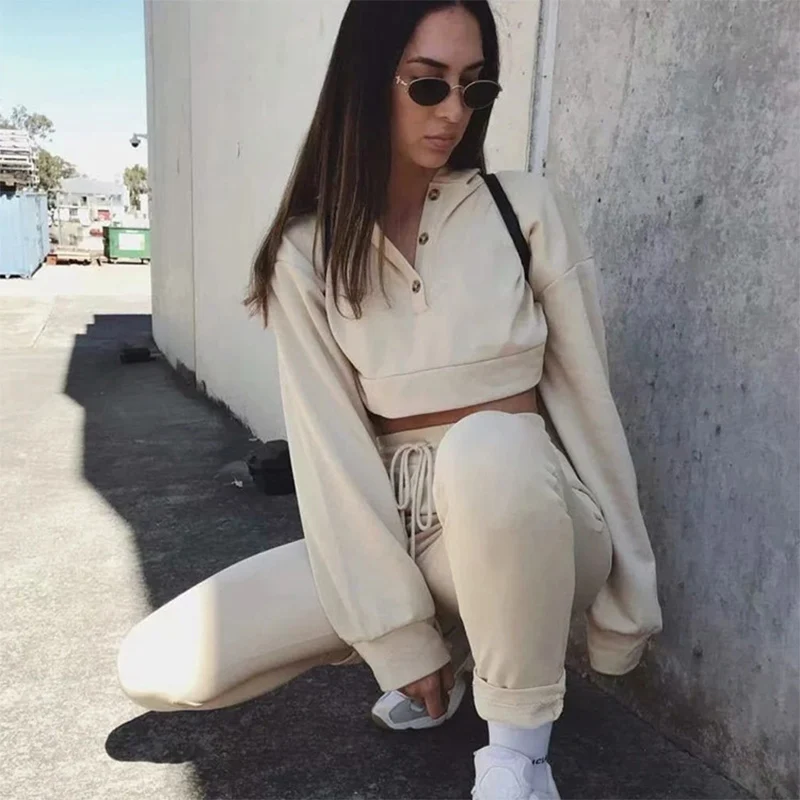 

2021 Fashion Hot Sale Sports Casual Suit Female Button Collar Hooded Sweater + Elastic Waist Two-piece Guardian Pants Set