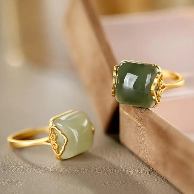 

Hetian Gray Jade Bread Ring Female Retro Index Finger Ring Personality Auspicious Cloud Temperament Open Gilding Ladies Ring Rin