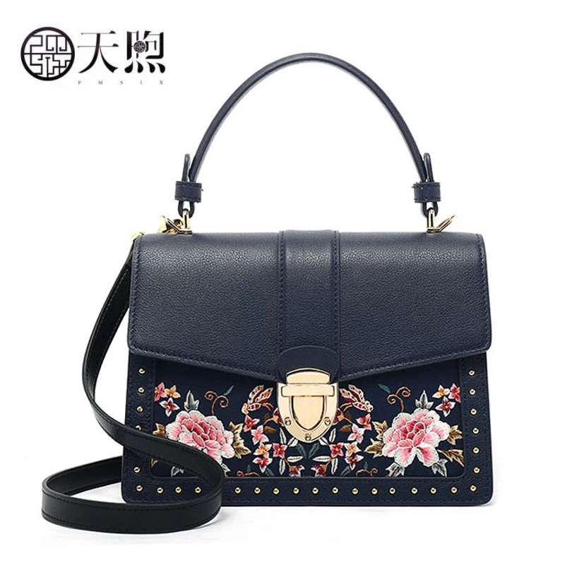 Pmsix новинка 2020 женская сумка из натуральной кожи ручная вышивка роскошные сумки