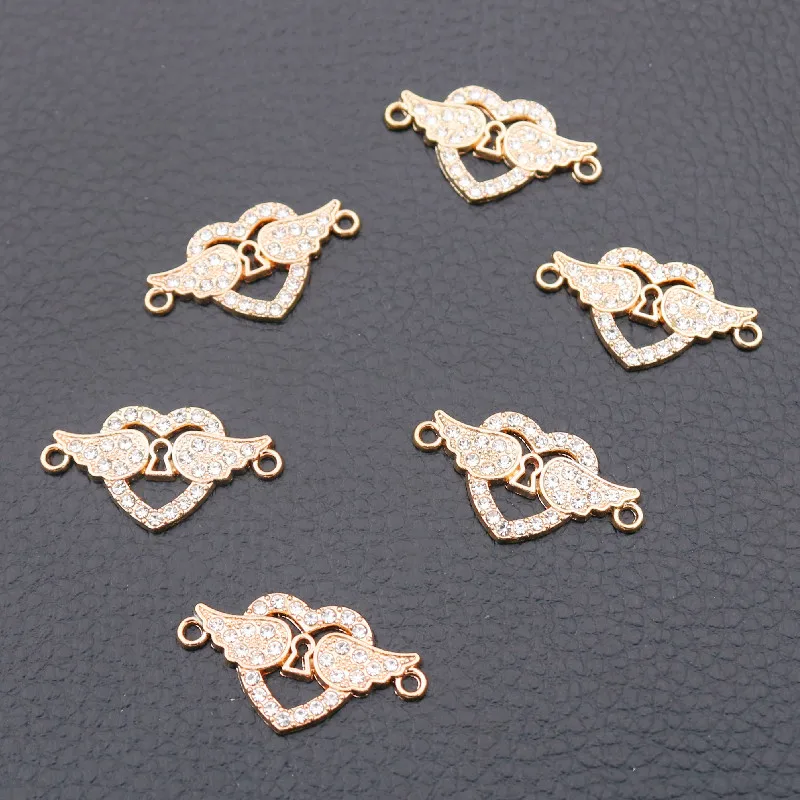 

8pcs Heart-shaped Wing Pendants, Love Heart Charms, Angel Wings Charms, Rhinestone Bracelet Connectors Charms, kc Gold Tone P44