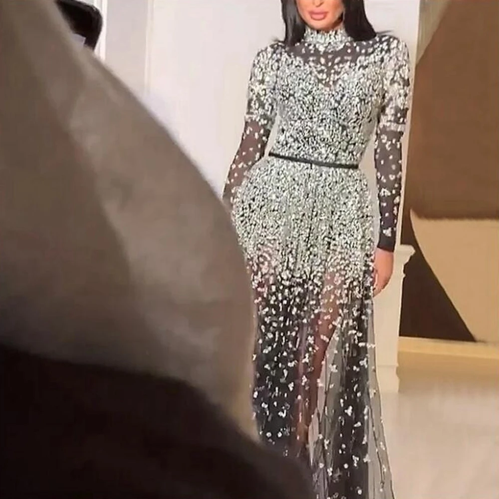 

Lugentolo Maxi Dress Women Sexy Fashion Bronzing Sequins 2020 Summer New Long Sleeve Half High Collar High Waist Party Dress