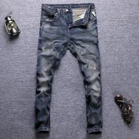italian style fashion men jeans distressed retro blue elastic slim fit ripped jeans men embroidery designer vintage denim pants