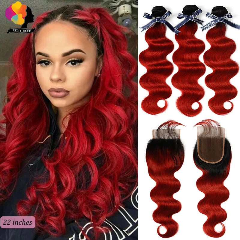 

Remyblue 1B Red Human Hair Bundles With Closure Ombre Red Body Wave Brazillian Hair Weave 3 Bundles With Closure 100 Remy Hair