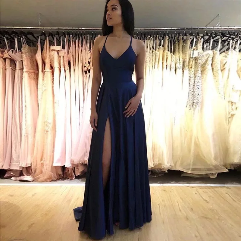 Простой длинное вечернее платье светильник небесно-голубая сатиновая Vestido De Noite