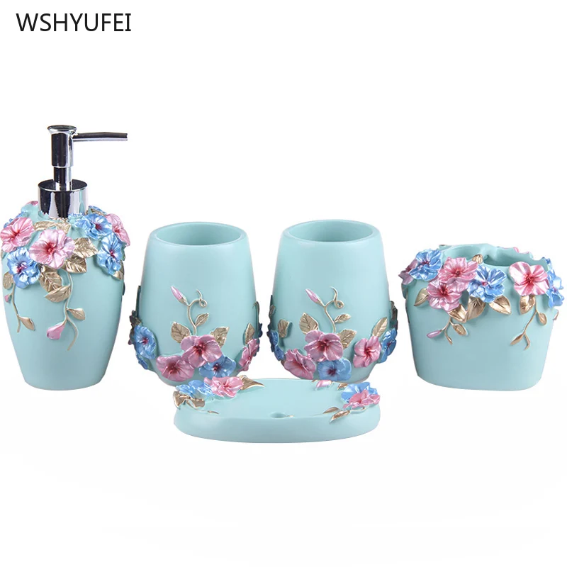 

5Pcs European three-dimensional flower bathroom resin creative bathroom wash set simple toiletries mouth cup toothbrush holder