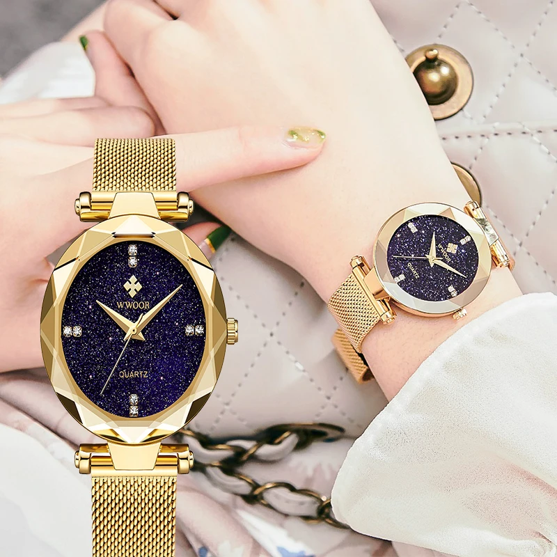 

2021 WWOOR Top Brand Women Watch Gold Stainless Steel Ladies Quartz Watches Casual Starry Sky Diamond Wristwatch For Ladies gift