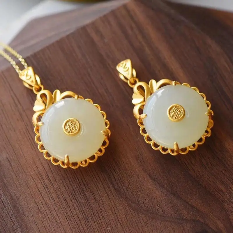

S925 Sterling Silver Natural Hetian Jade Safety Buckle Pendant Women's Jade Pendant White Jade Inlaid Jade Necklace Vintage