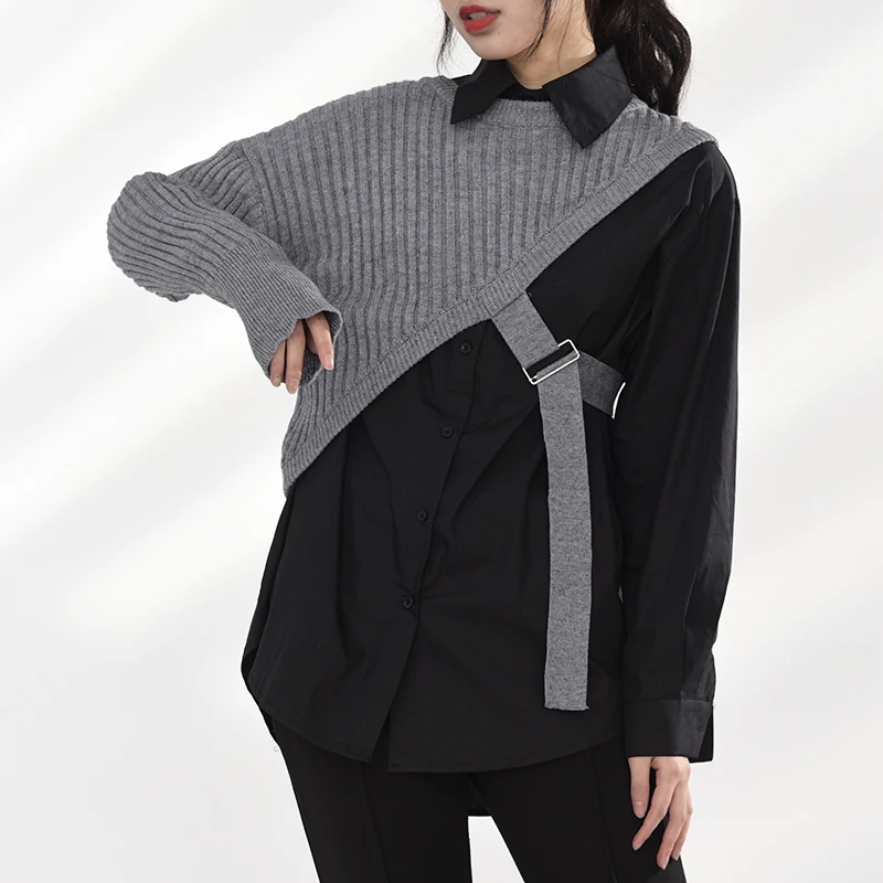 

[EAM] Women Black Knitting Irregular Big Size Blouse New Lapel Long Sleeve Loose Fit Shirt Fashion Spring Autumn 2021 MK70401