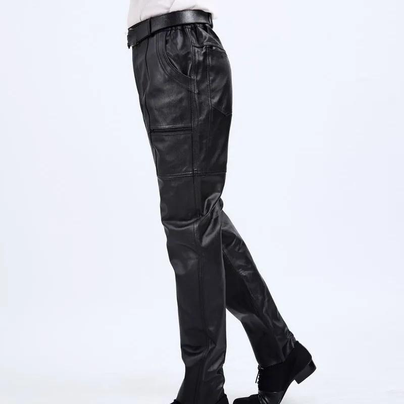 Мужские повседневные брюки классические свободные из натуральной кожи в