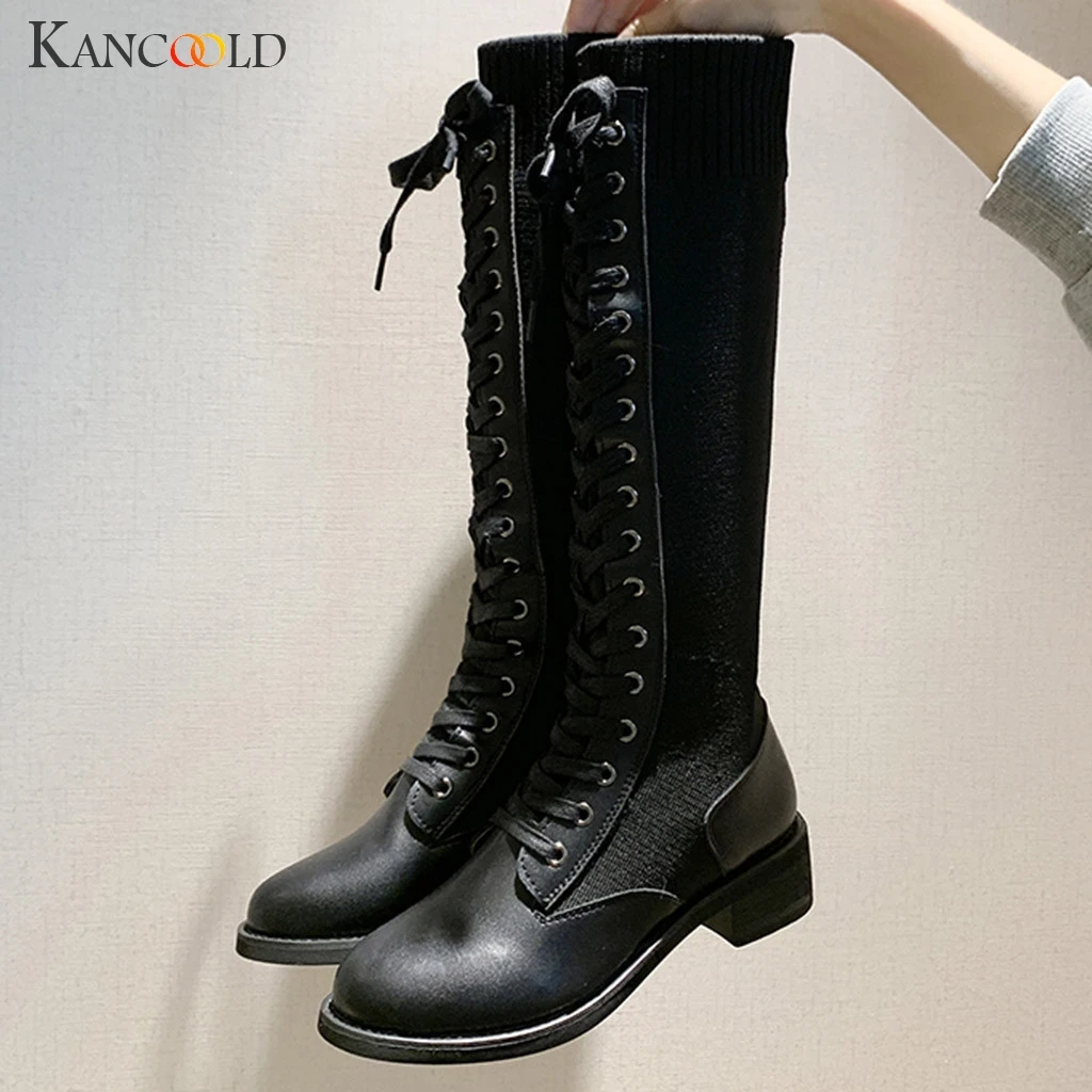 KANCOOLD/женские сапоги до бедра Черные Сапоги выше колена на шнуровке Зимние