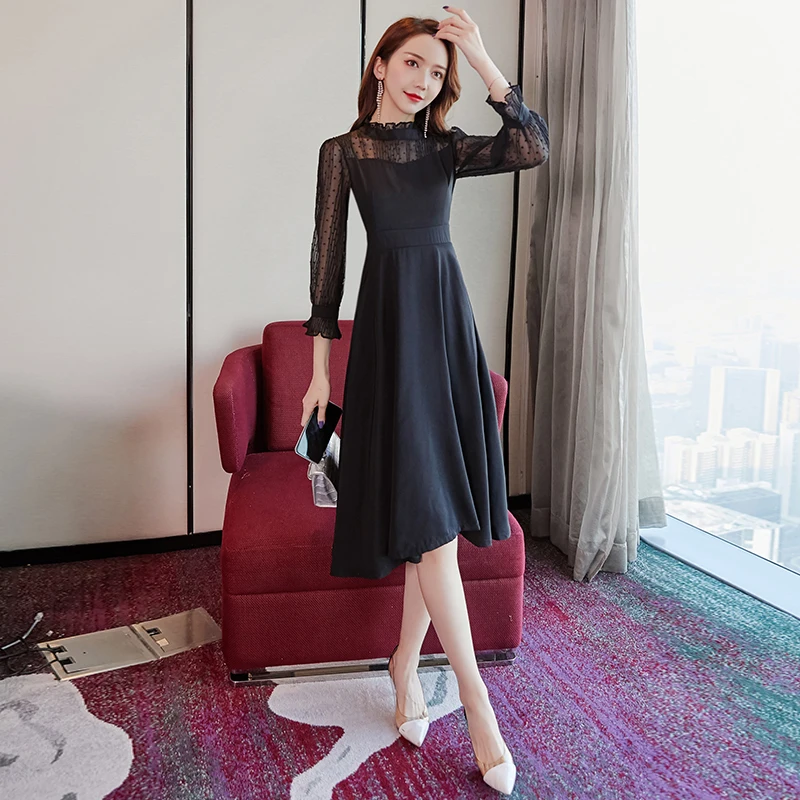 

Женское кружевное платье макси, черное винтажное платье с длинным рукавом и круглым вырезом, элегантная повседневная привлекательная сетч...