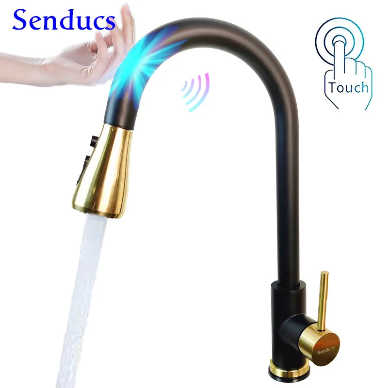 Сенсорные краны Senducs черный золотой выдвижной кухонный кран для раковины умный
