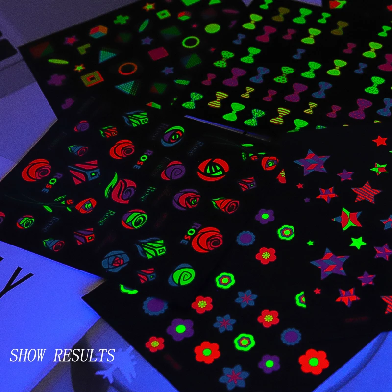 

1Pc Fluorescence Star Bow Design Nail Art Sticker Luminous Geometry Flower Nails Decals Glow in the Dark Manicure DIY Decoration