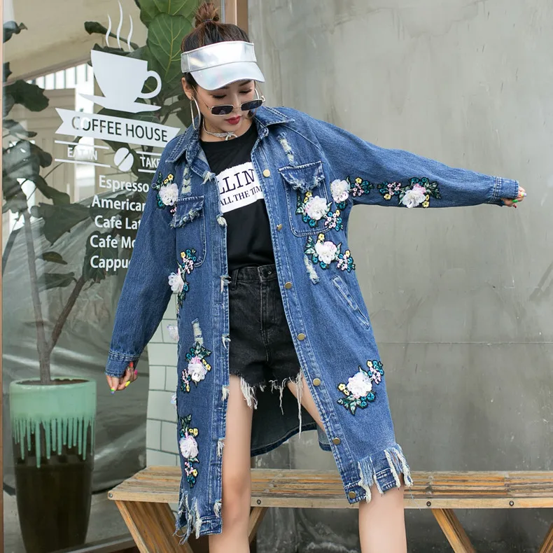 

Autumn ladies denim jacket 2019 autumn and winter new tide brand flowers embroidery wash loose long denim windbreaker jacket