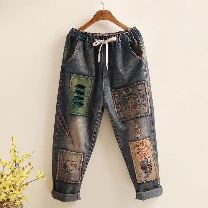 

SHZQ Art Style Patchwork Embroidery Loose Vintage Women Jeans Hole Design Elastic Waist All Cotton Denim Ladies Harem Pants D101