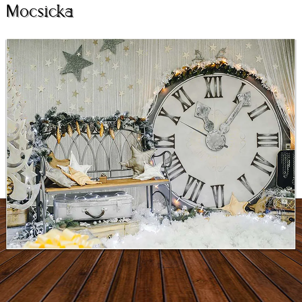 

Christmas Backdrops for Photography 2021 New Year Vintage Clock Background Photo Studio Props Glitter Stars Decorations Props