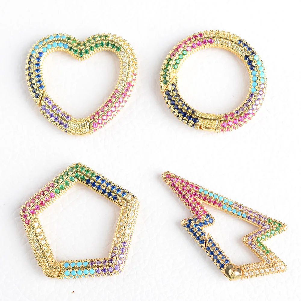 

2PCS, Rainbow CZ Micro Pave Round / Heart / Round / Lightning /diamond Shape Clasp, Gold Color Carabiner Clasp