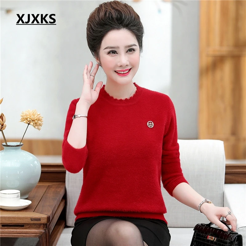 XJXKS ropa mujer Invierno свитер большого размера элегантный кашемировый пуловер с длинными рукавами универсальные пушистые пуловеры женский свитер - Цвет: Красный
