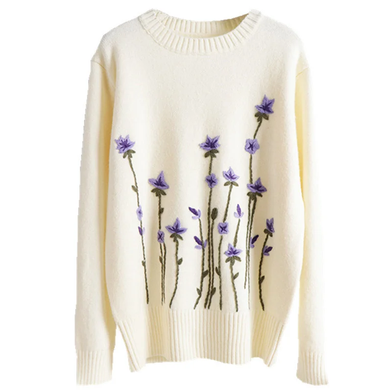 

Женский фиолетовый пуловер с цветочной вышивкой; Свитер с круглым вырезом и длинными рукавами; Сезон осень-зима; Свободный пуловер