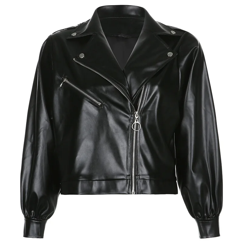 

Streetwear Black PU Coat Faux Leather Jacket Autumn Winter Zip-up Punk Coat Women Loose Moto Basic Jackets Causal Outwear