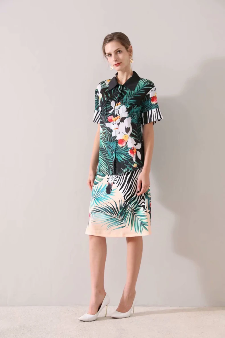Women's Runway Designer Twinsets Turn Down Collar Short Sleeves Shirt with Empire Waist Skirt Two Piece Dress Set Suit |