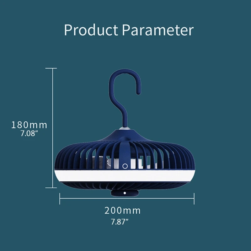 

USB 4000mAh 3 Speed Tent Fan with LED Hanging Hook Remote Control Ceiling Fan for School Travel Bedroom Dormitory Camper