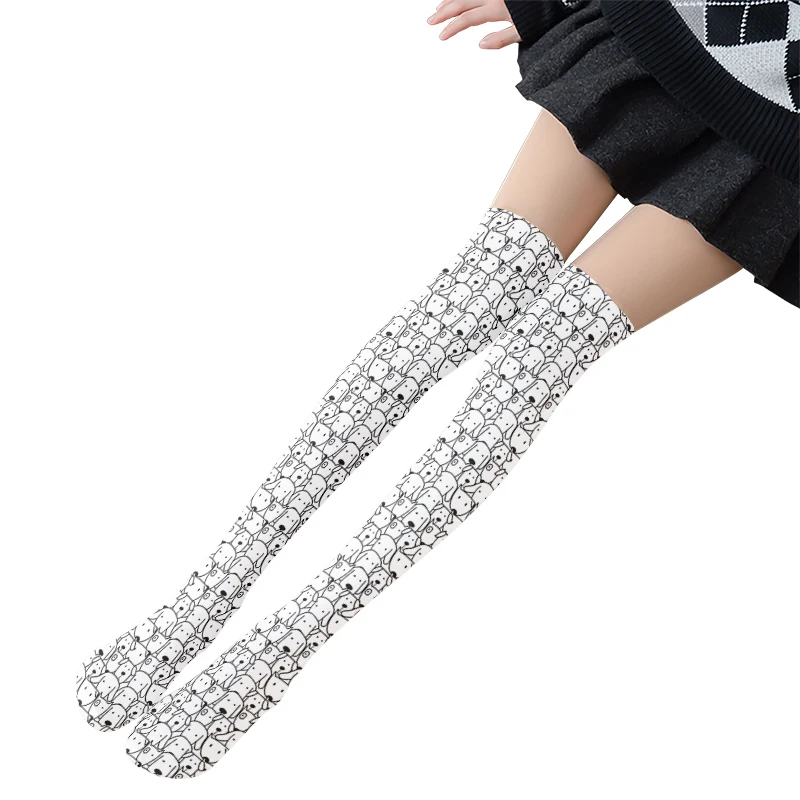 

Fashion Sexy Women Cartoon Stockings 3D Print Small Animal Cute Girl Thin Silk Stockings Compression Thigh Over-Knee Long Socks