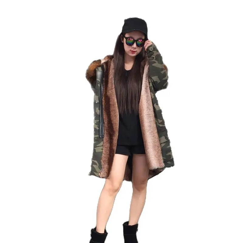 Длинная зимняя парка Camoflage с подкладкой из натурального искусственного меха