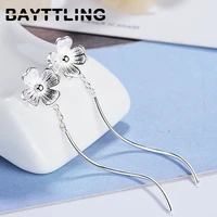 bayttling silver color 48mm fringed wave flower long drop earrings for woman charm wedding jewelry gift couple