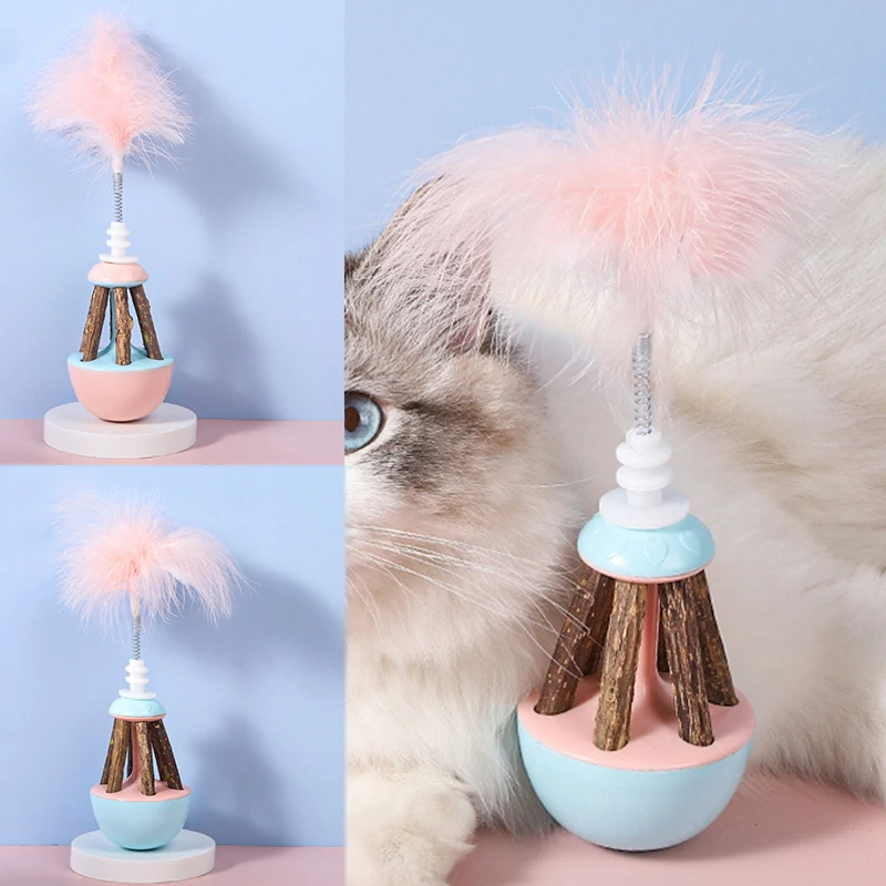 

Cat Tumbler Toy Chew Toothbrush Molar Tools Interactive Teaser Toys w/ Feather and Silvervine Stick