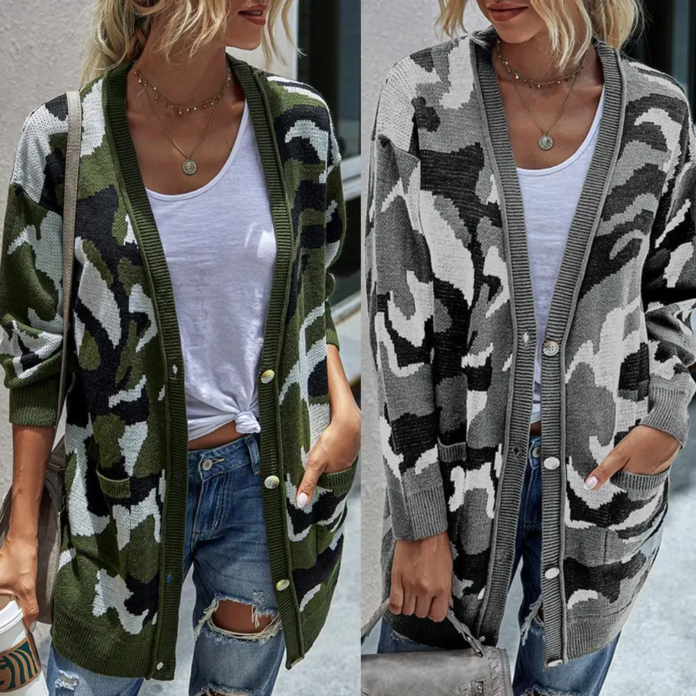 

Women Autumn Winter Camouflage Open Front Cardigan Buttons Long Sweater Coat Knitted Cardigan Coat Outwear Women's Clothing
