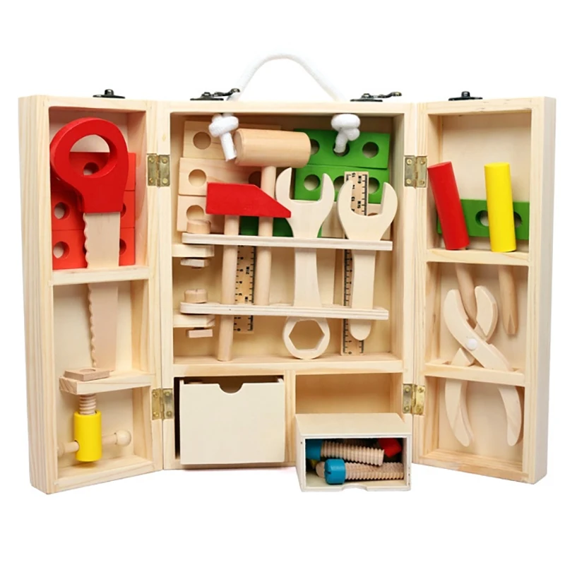 

Children's Wooden Toolbox Pretend To Play with Montessori Simulation Learning Tool Puzzle Nut Disassembly Combination Boy Toy